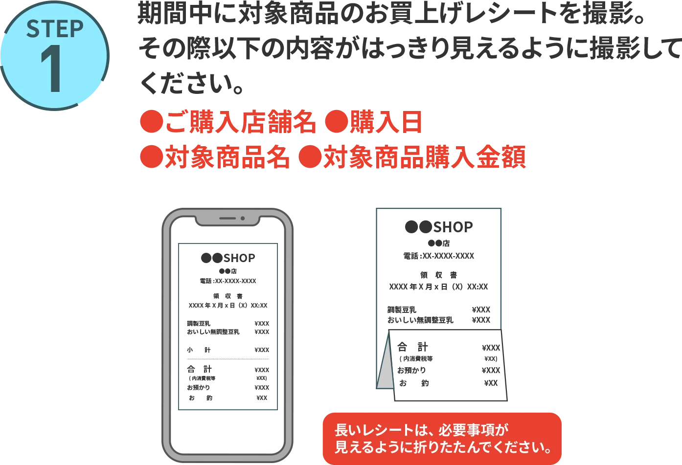 STEP1 期間中に対象商品のお買上げ レシートを撮影。 その際以下の内容がはっきり 見えるように撮影してください。●ご購入店舗名 ●購入日 ●対象商品名 ●対象商品購入金額 長いレシートは、必要事項が見えるように折りたたんでください。