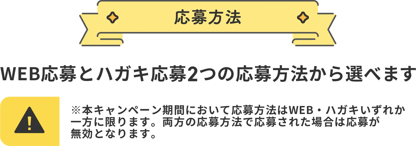 応募方法 WEB応募とハガキ応募 2つの応募方法から選べます ※本キャンペーン期間において応募方法は WEB・ハガキいずれか一方に限ります。 両方の応募方法で応募された場合は応募が 無効となります。