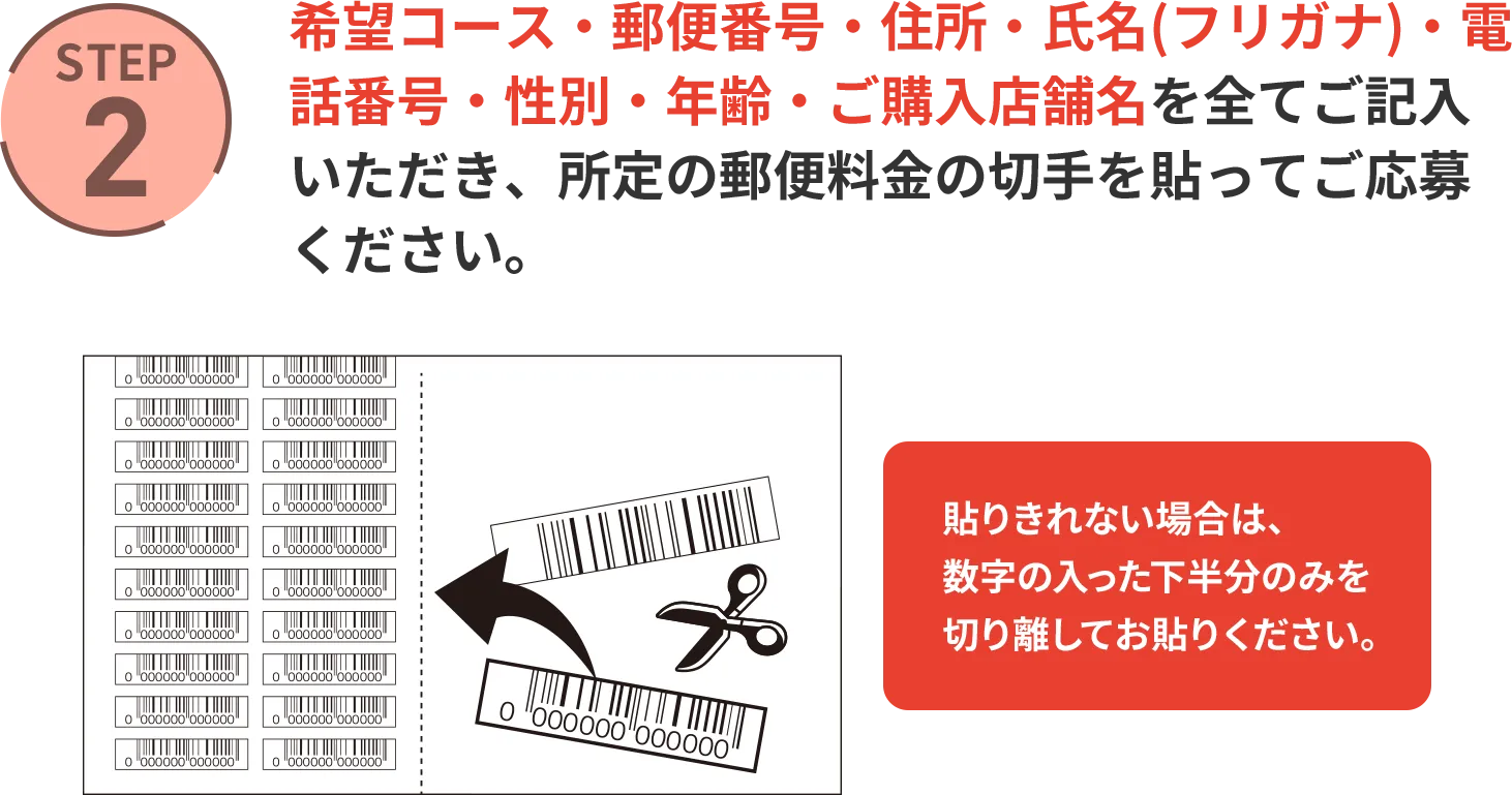 STEP2 希望コース・郵便番号・住所・氏名（フリガナ）・電話番号・性別・年齢・ご購入店舗名を全てご記入いただき、所定の郵便料金の切手を貼ってご応募ください。